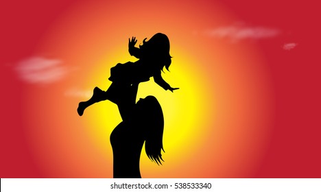 Vector silhouette of family in nature at sunset.