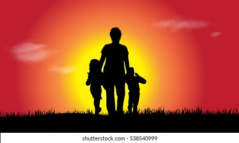 Vector silhouette of family in nature at sunset.