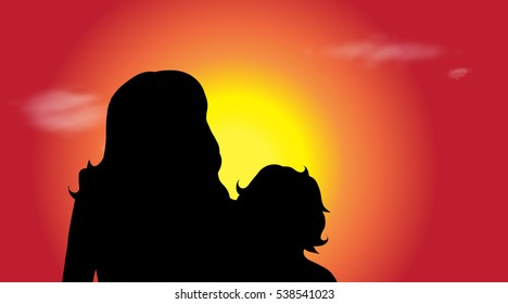 Vector silhouette of family in nature at sunset.