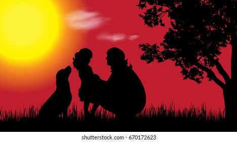 Vector silhouette of family in nature at sunset.