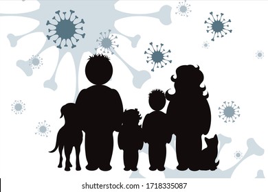 Vector silhouette of family on background with virus symbol. Illustration of healthy and diseases.