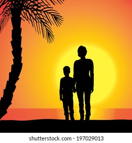 Vector silhouette of family on beach at sunset. 