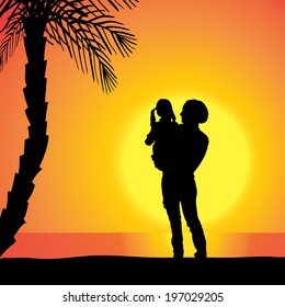 Vector silhouette of family on beach at sunset. 