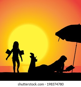 Vector silhouette of family on beach at sunset. 
