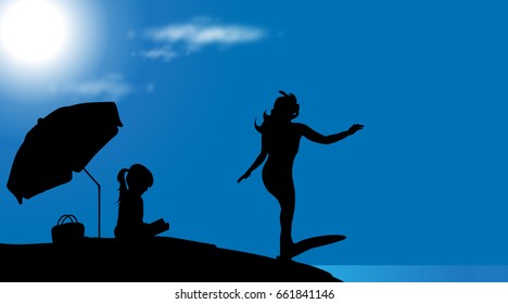 Vector silhouette of family on the beach at sunny day.