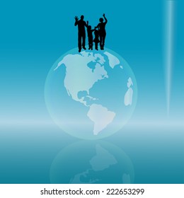 Vector silhouette of family on earth on the blue background.