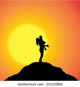 Vector silhouette of family on a hill at sunset.