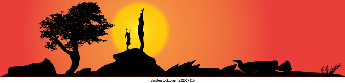 Vector silhouette of family on a hill at sunset.