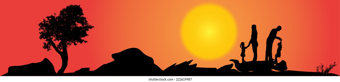 Vector silhouette of family on a hill at sunset.