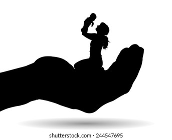 Vector silhouette of a family on palm on white background.