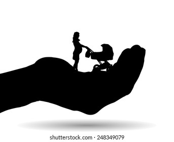 Vector silhouette of a family on palm on white background.