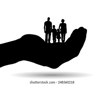 Vector silhouette of a family on palm on white background.