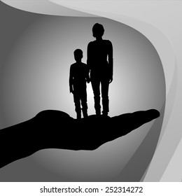 Vector silhouette of a family on palm on white background.