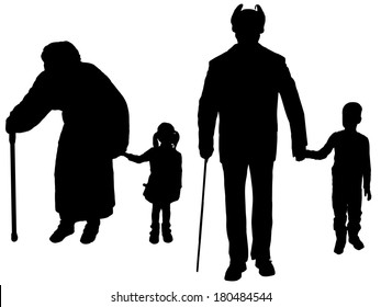 Vector silhouette of family on white background.