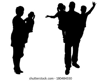 Vector silhouette of family on white background.