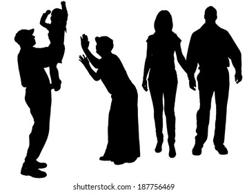 Vector silhouette of family on white background.