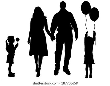 Vector silhouette of family on white background.