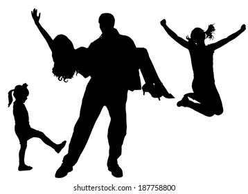 Vector silhouette of family on white background.