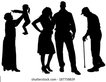Vector silhouette of family on white background.
