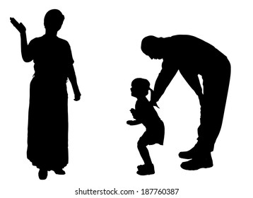 Vector silhouette of family on white background.