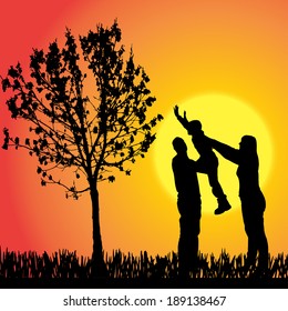 Vector silhouette of family on white background.