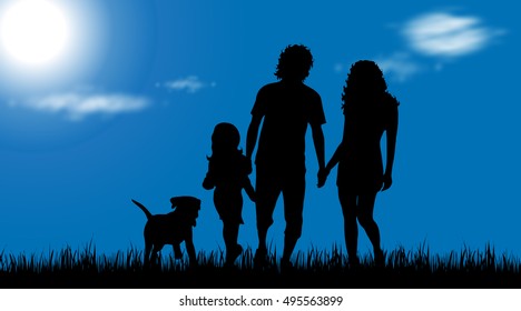 Vector silhouette of family on white background.