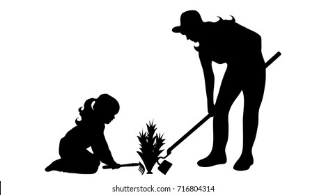 Vector Silhouette Of Family On White Background.