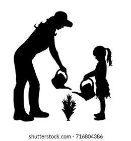 Vector Silhouette Of Family On White Background.