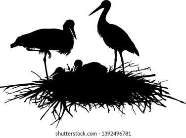 vector silhouette family of storks in the nest