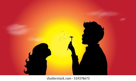 Vector silhouette of a family at sunset.
