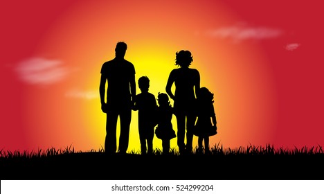 Vector silhouette of a family at sunset.