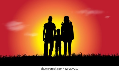 Vector silhouette of a family at sunset.