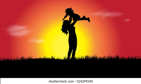 Vector silhouette of a family at sunset.