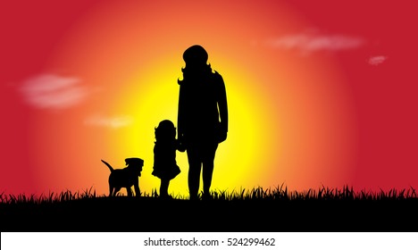 Vector silhouette of a family at sunset.