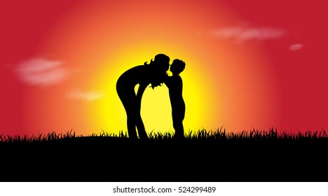 Vector silhouette of a family at sunset.