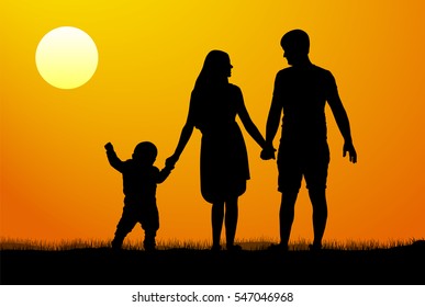 Vector silhouette of a family at sunset. Man woman child at dawn.