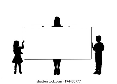 Vector silhouette of a family that holding a white signs.