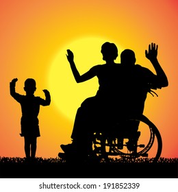 Vector silhouette of a family that is out at sunset. 