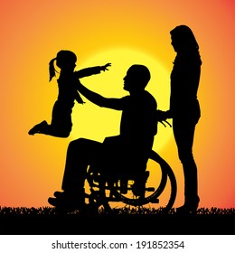 Vector silhouette of a family that is out at sunset. 