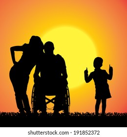 Vector silhouette of a family that is out at sunset. 
