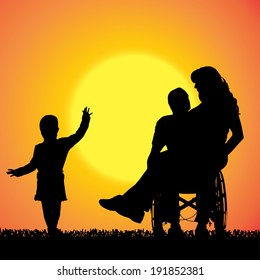 Vector silhouette of a family that is out at sunset. 