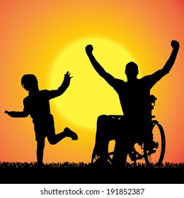 Vector silhouette of a family that is out at sunset. 