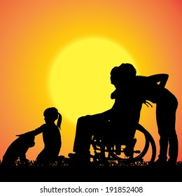 Vector silhouette of a family that is out at sunset. 