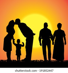 Vector silhouette of a family that is out at sunset. 
