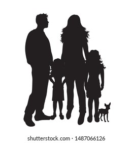 Vector silhouette of family with their dog on white background. Symbol of mother ,father, child, husband, wife, daughter, son, animal, pet.