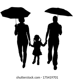 Vector silhouette of a family with umbrellas.