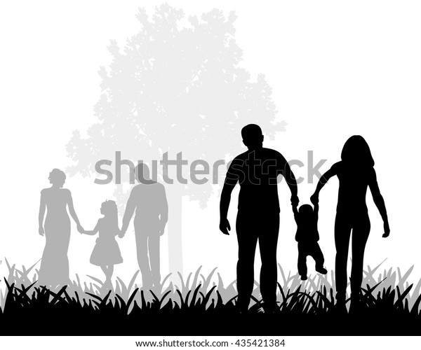 Vector Silhouette Family Walking Outdoors Stock Vector (Royalty Free ...