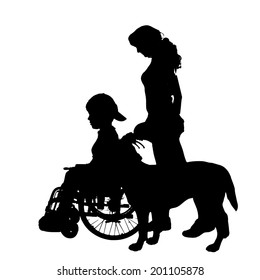 Vector silhouette of a family in a wheelchair.