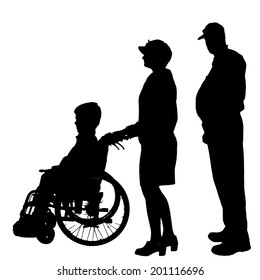 Vector silhouette of a family in a wheelchair.