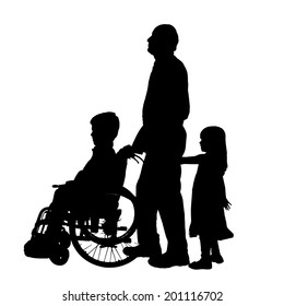 Vector silhouette of a family in a wheelchair.